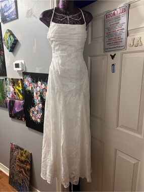 White Halter Maxi Dress with Textured Floral Overlay